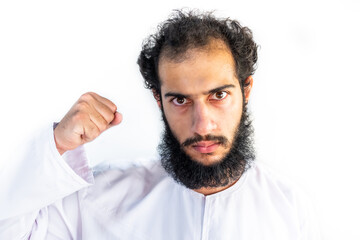 Arabic muslim man raising to do victory sign 