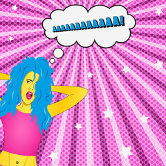 young surprised wow omg emotion expression lady woman girl blue hair holding head vibrant stripes rays polka dot pop art background, magenta pink with speech bubble text box, screaming crying out load