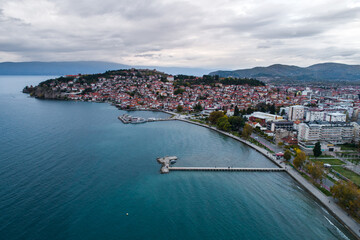 Aerial shot of the coastline in Ohrid, Macedonia