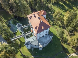 Aerial shot of the beautiful Grad SneÅ¾nik white castle in Slovenia