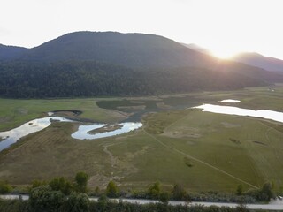 Lake Cerknica and green landscape in Cerknica Polje, Slovenia