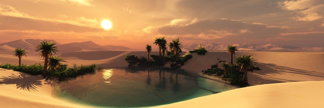 Oasis with palm trees in the sand desert at sunset, 3D rendering