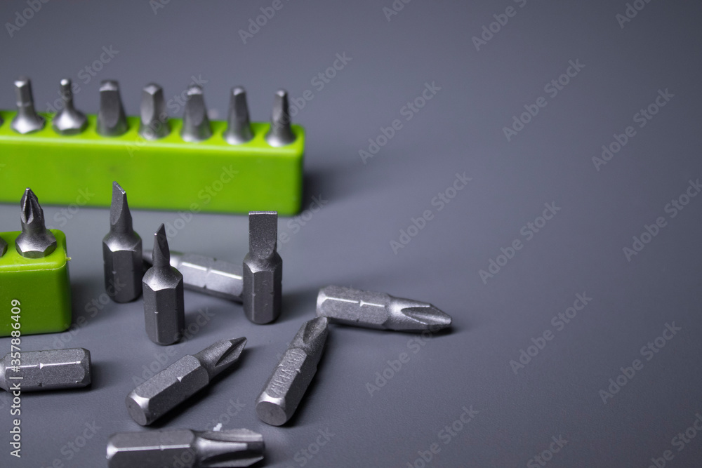 Wall mural A set of building tools and instruments for repair in black and green colour. Must-have for men. Equipment for building. Repair tool kit. construction concept. gray background . High quality photo