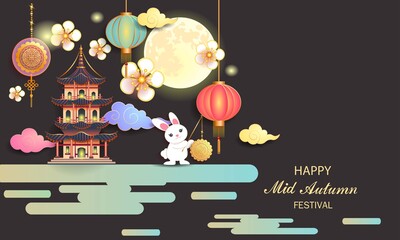 Mid autumn festival / Chinese festival with the moon, moon cake, rabbit, pagoda, cloud, lantern and flowers on black paper. Vector illustration © Pawan