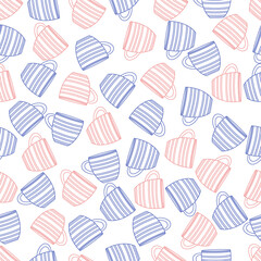 Cups. Seamless pattern, blue, cyan, pink colors. White background. Design for fabric, cover, background, wallpaper, wrapping paper.