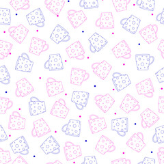Cups. Seamless pattern, blue, cyan, pink colors. White background. Design for fabric, cover, background, wallpaper, wrapping paper.