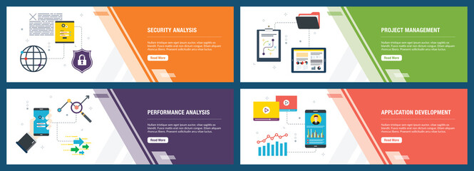 Internet banner set of security, project management, performance and application icons.