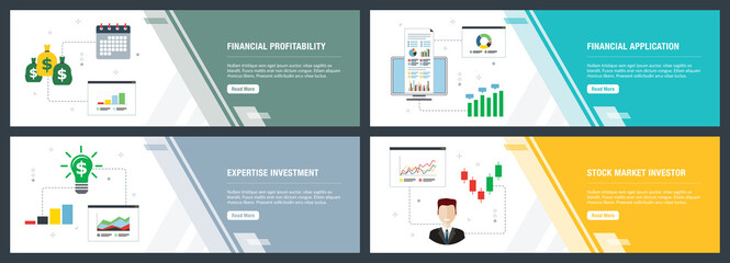 Internet banner set with financial profitability and investment icons.