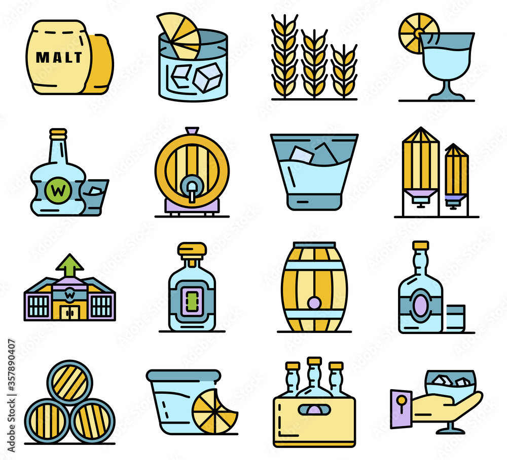 Poster whisky icon set. outline set of whisky vector icons thin line color flat isolated on white