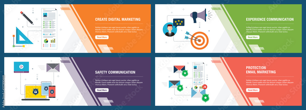 Poster vector set of vertical web banners with digital marketing, experience and safety communication, prot