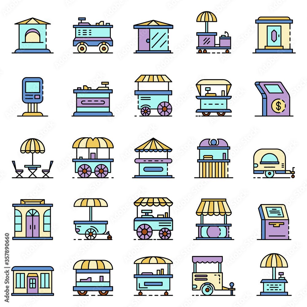 Poster kiosk icon set. outline set of kiosk vector icons thin line color flat isolated on white