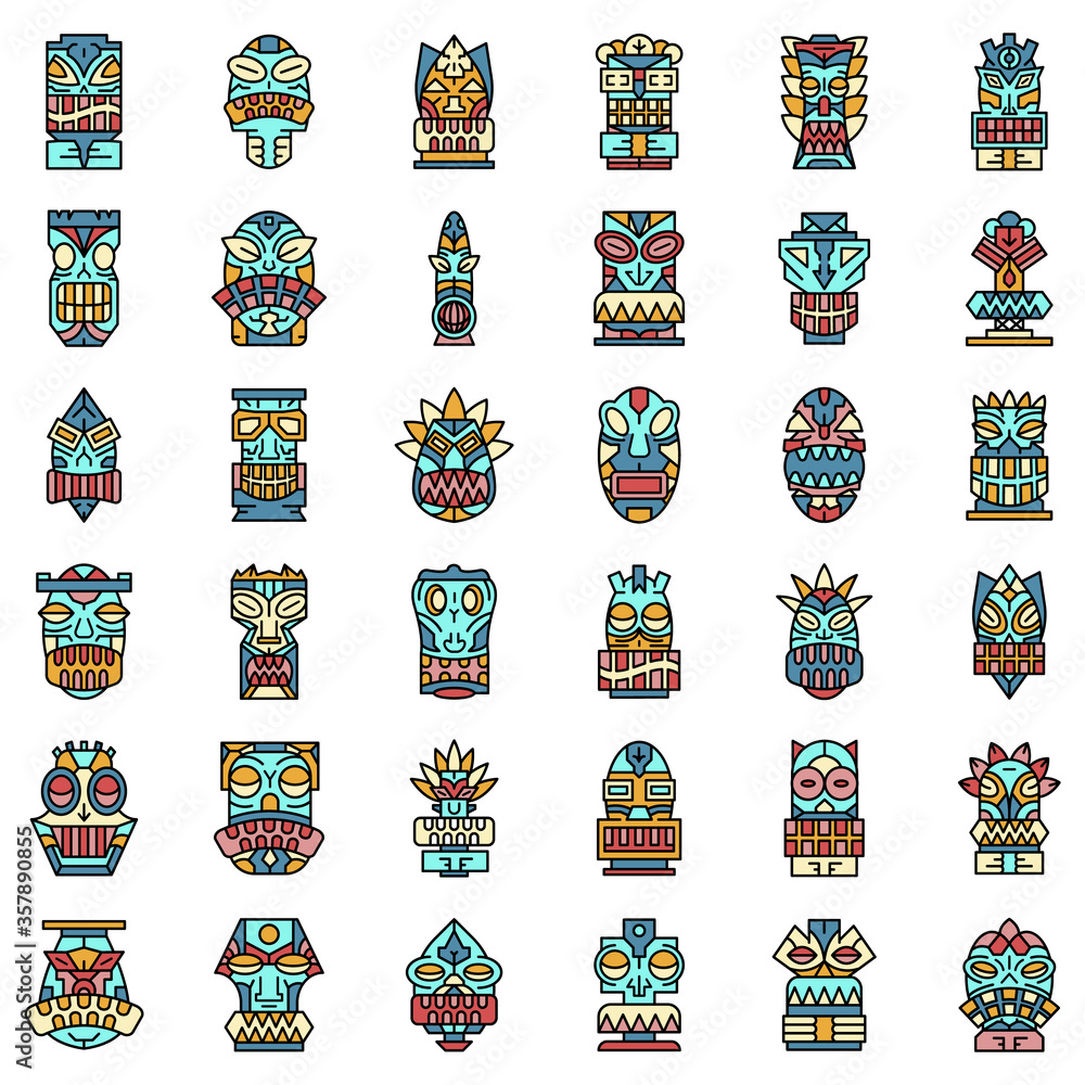 Poster tiki idols icon set. outline set of tiki idols vector icons thin line color flat isolated on white