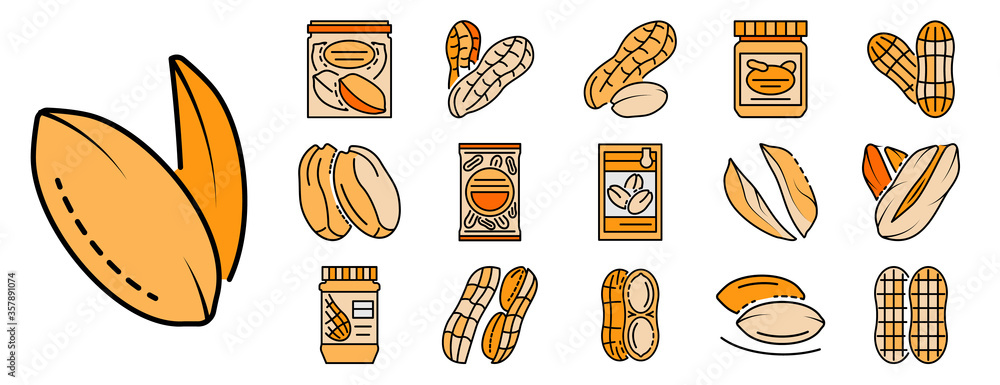 Aufkleber peanut icon set. outline set of peanut vector icons thin line color flat isolated on white