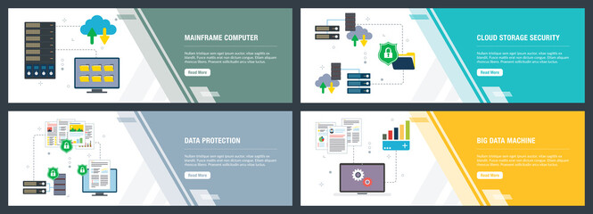 Vector set of vertical web banners with mainframe computer, cloud storage security,  data protection, big data machine. Vector banner template for website and mobile app development with icon set.