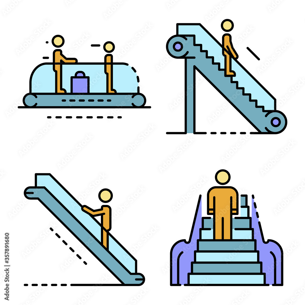 Poster escalator icon set. outline set of escalator vector icons thin line color flat isolated on white