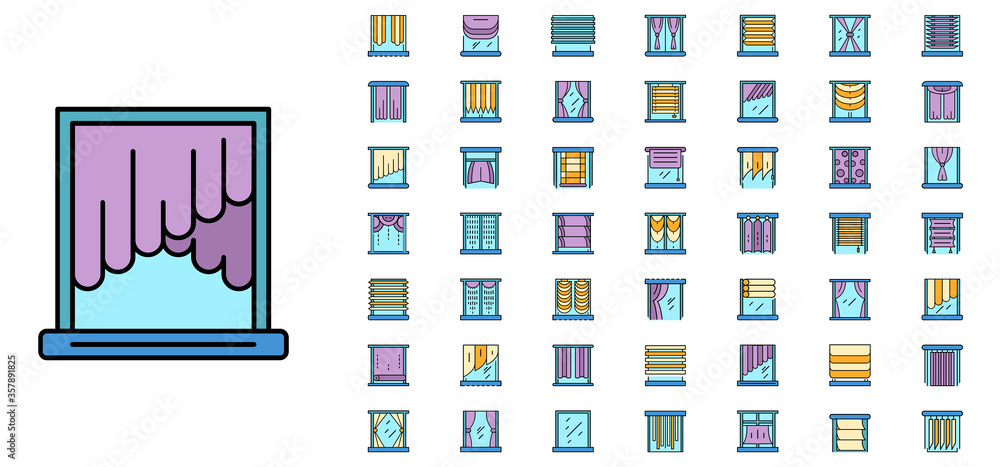 Poster blind window icon set. outline set of blind window vector icons thin line color flat isolated on whi