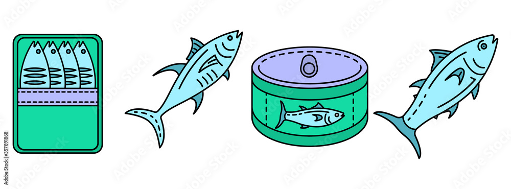 Poster tuna icon set. outline set of tuna vector icons thin line color flat isolated on white