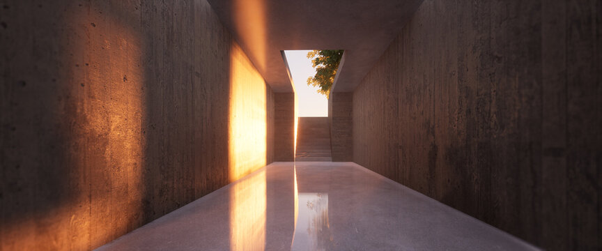 fall sunlight at the end of a concrete corridor 3D computer graphics rendered illustration