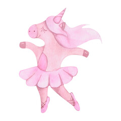 Watercolor illustration of a unicorn ballerina dancing

