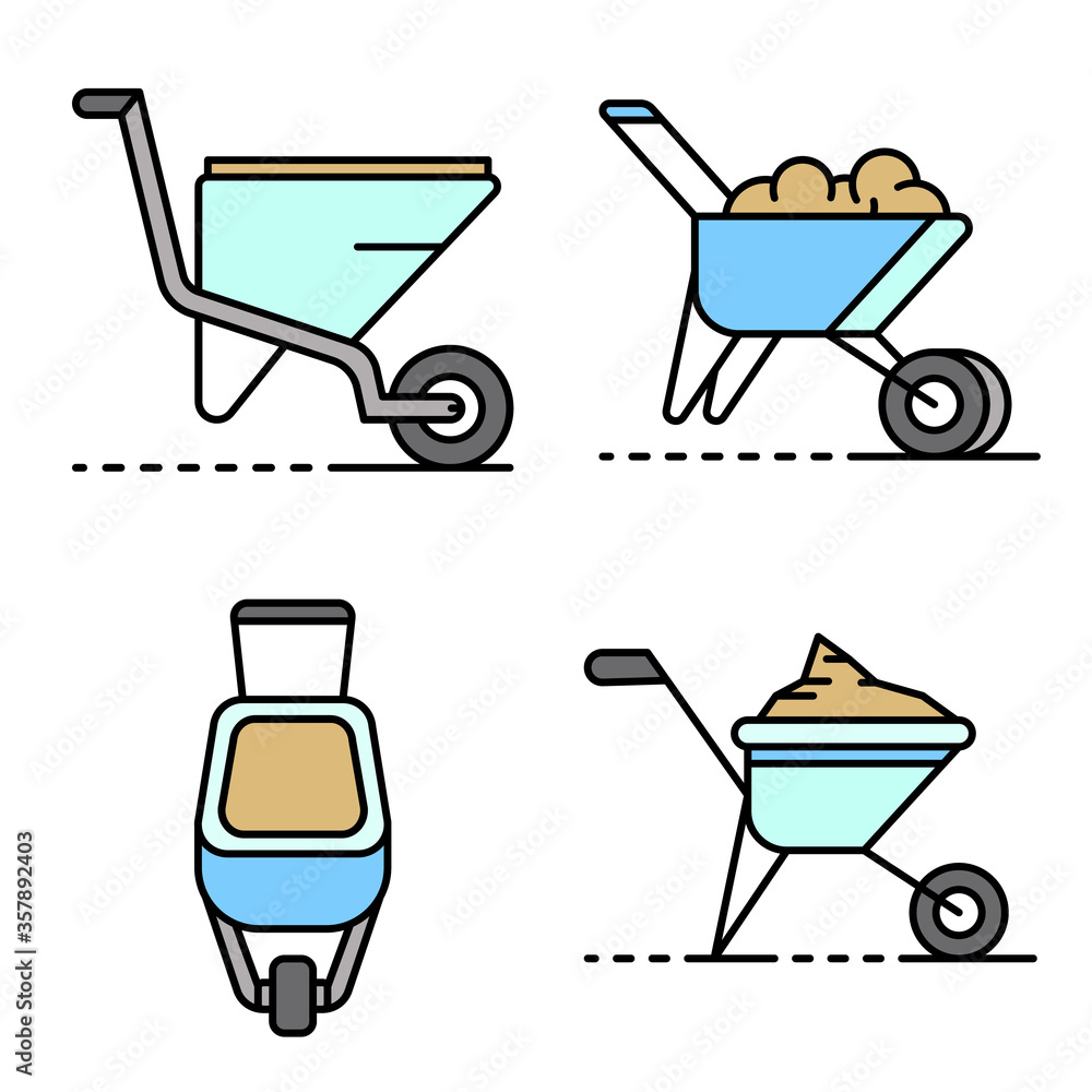 Poster wheelbarrow icon set. outline set of wheelbarrow vector icons thin line color flat isolated on white