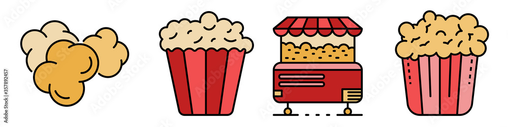 Poster popcorn icons set. outline set of popcorn vector icons thin line color flat isolated on white