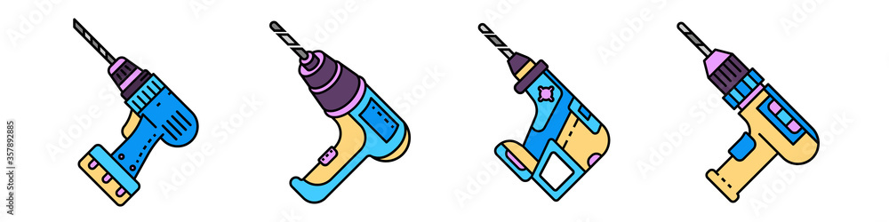 Poster drilling machine icons set. outline set of drilling machine vector icons thin line color flat isolat
