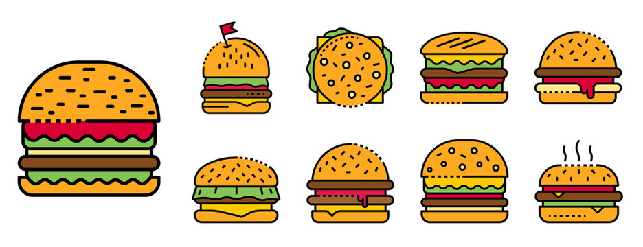 Burger icons set. Outline set of burger vector icons thin line color flat isolated on white