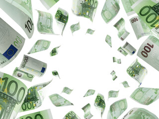 Counting euro banknote falling isolated. Money cash texture on white background.