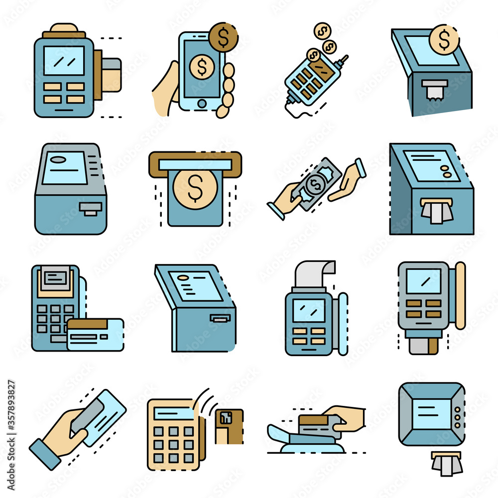 Aufkleber bank terminal icons set. outline set of bank terminal vector icons thin line color flat isolated on 