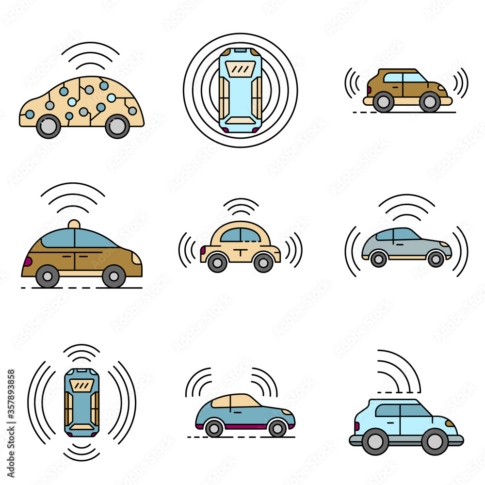 Poster driverless car icons set. outline set of driverless car vector icons thin line color flat isolated o