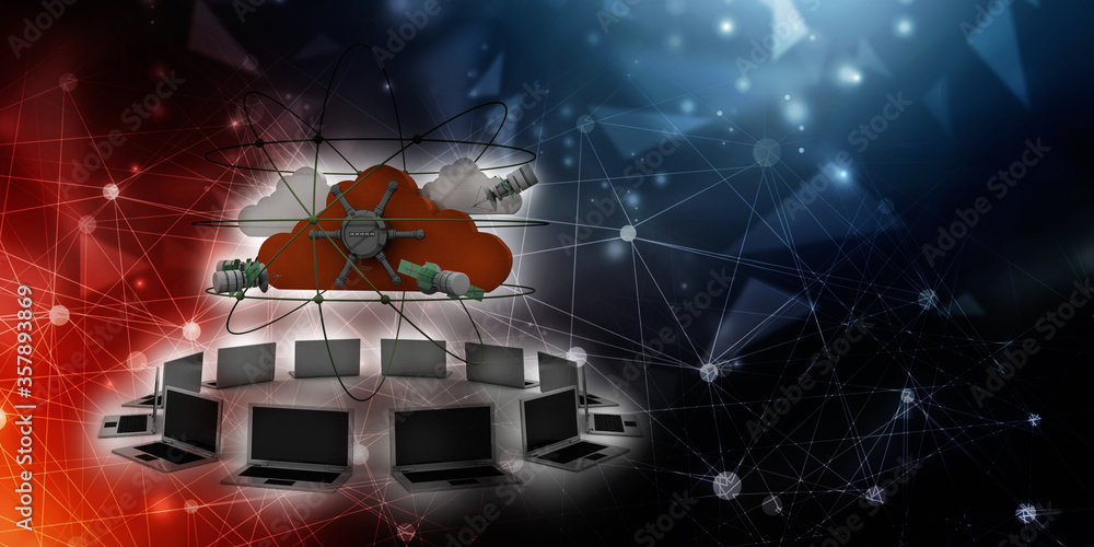 Poster 3d illustration space satellite orbit with cloud around computer network