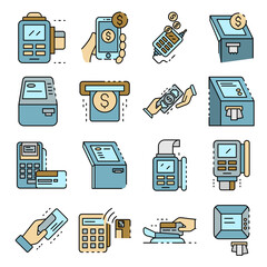 Bank terminal icons set. Outline set of bank terminal vector icons thin line color flat isolated on white