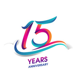 15th anniversary celebration logotype blue and red colored, isolated on white background. - obrazy, fototapety, plakaty