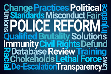 Police Reform Word Cloud on Blue Background