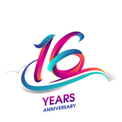 16th anniversary celebration logotype blue and red colored, isolated on white background. - obrazy, fototapety, plakaty