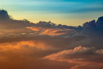 Dramatic sky with clouds on sunset. Nature composition. Summer background.