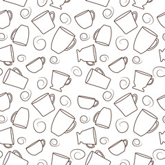 Cups. Seamless pattern, blue, cyan, pink colors. White background. Design for fabric, cover, background, wallpaper, wrapping paper.