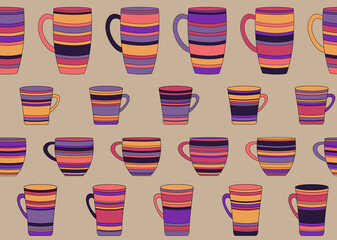 Cups. Seamless pattern, blue, cyan, pink colors. White background. Design for fabric, cover, background, wallpaper, wrapping paper.