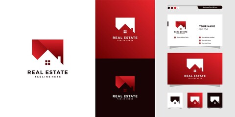 Real estate logo design anda business card, red, building, architec, modern, Premium Vector