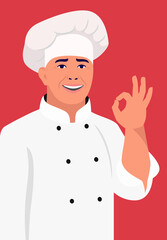 chef smiling on red background