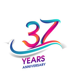 37th anniversary celebration logotype blue and red colored, isolated on white background.