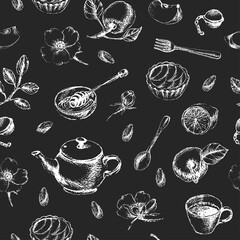 Hand getrokken krijt naadloos patroon met thee en dessertvoorwerpen