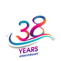 38th anniversary celebration logotype blue and red colored, isolated on white background.