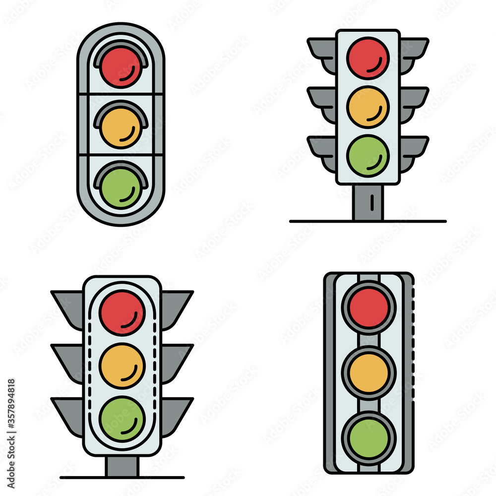 Poster traffic lights icons set. outline set of traffic lights vector icons thin line color flat isolated o