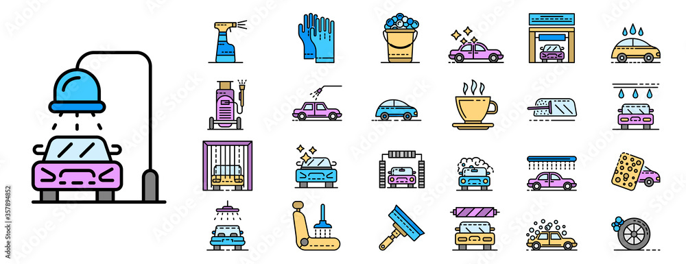 Wall mural car wash icons set. outline set of car wash vector icons thin line color flat isolated on white