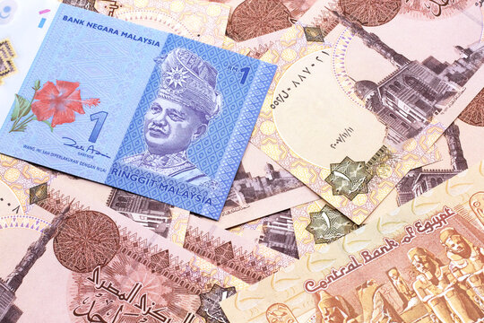 A close up image of a blue one Malaysian ringgit bank note on a bed of Egyptian one pound bank notes close up in macro