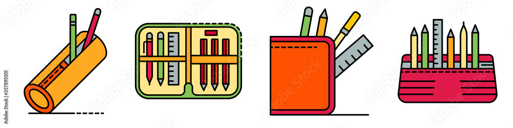 Aufkleber pencil case icons set. outline set of pencil case vector icons thin line color flat isolated on whit