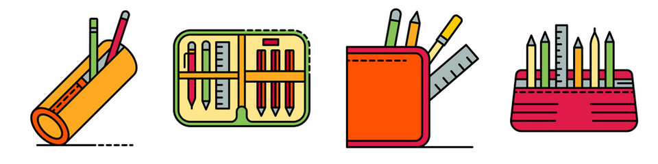 Pencil case icons set. Outline set of pencil case vector icons thin line color flat isolated on white