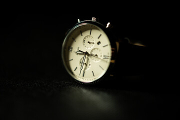 Chronograph watch with leather strap,close up.