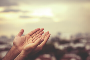 Human hands open palm up worship Praying with faith and belief in God of an appeal to the sky....